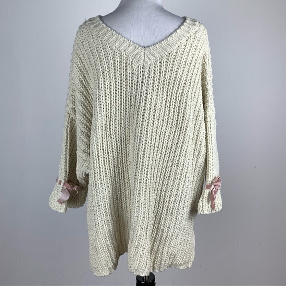 POL Womens sweater size L cream pink open knit chunky v-beck - Picture 5 of 12